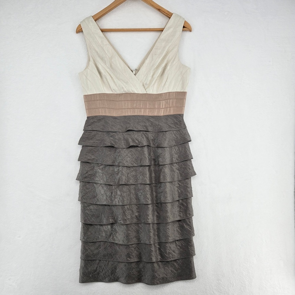 Adriana Papell Sheath Dress Size 10 Layered Sleeveless V-Neck V-Back Midi